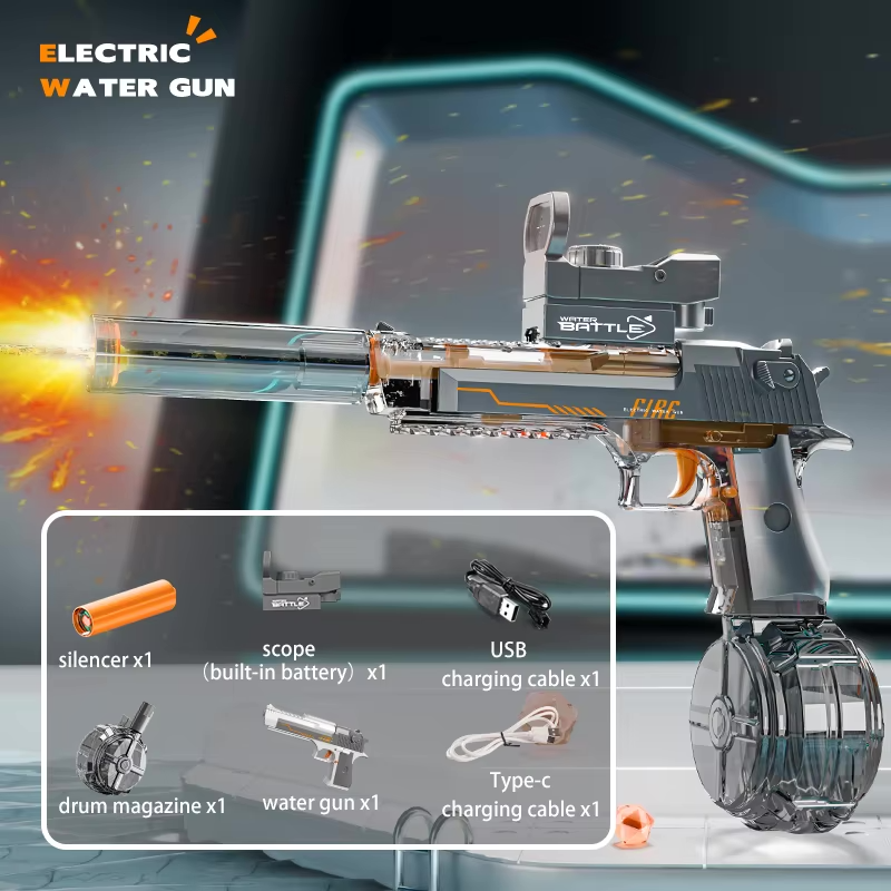 Elektrická vodní pistole DESERT EAGLE – transparentní provedení, světelné efekty, dostřel 8–10 m, 425 ml zásobník