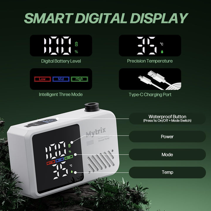 Mytrix Přenosná kempingová sprcha – vysoký tlak vody 10 l/min, 7800 mAh a 4 režimy proudu