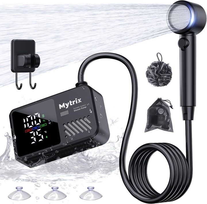 Mytrix Přenosná kempingová sprcha – vysoký tlak vody 10 l/min, 7800 mAh a 4 režimy proudu