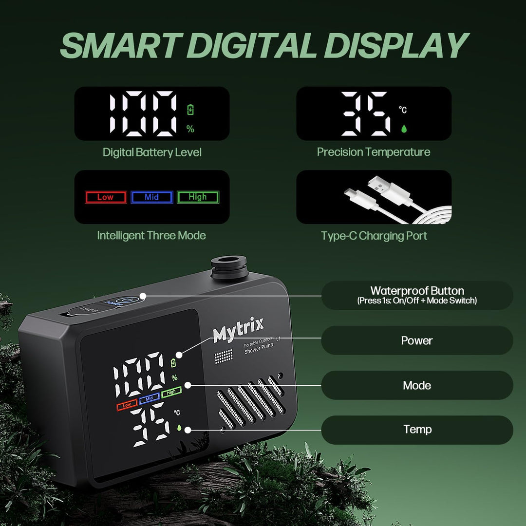 Mytrix Přenosná kempingová sprcha – vysoký tlak vody 10 l/min, 7800 mAh a 4 režimy proudu
