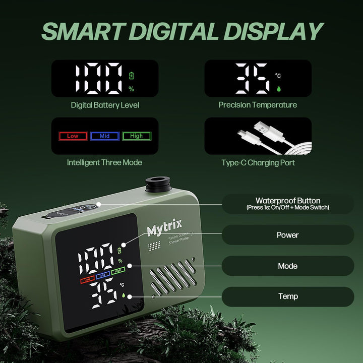 Mytrix Přenosná kempingová sprcha – vysoký tlak vody 10 l/min, 7800 mAh a 4 režimy proudu