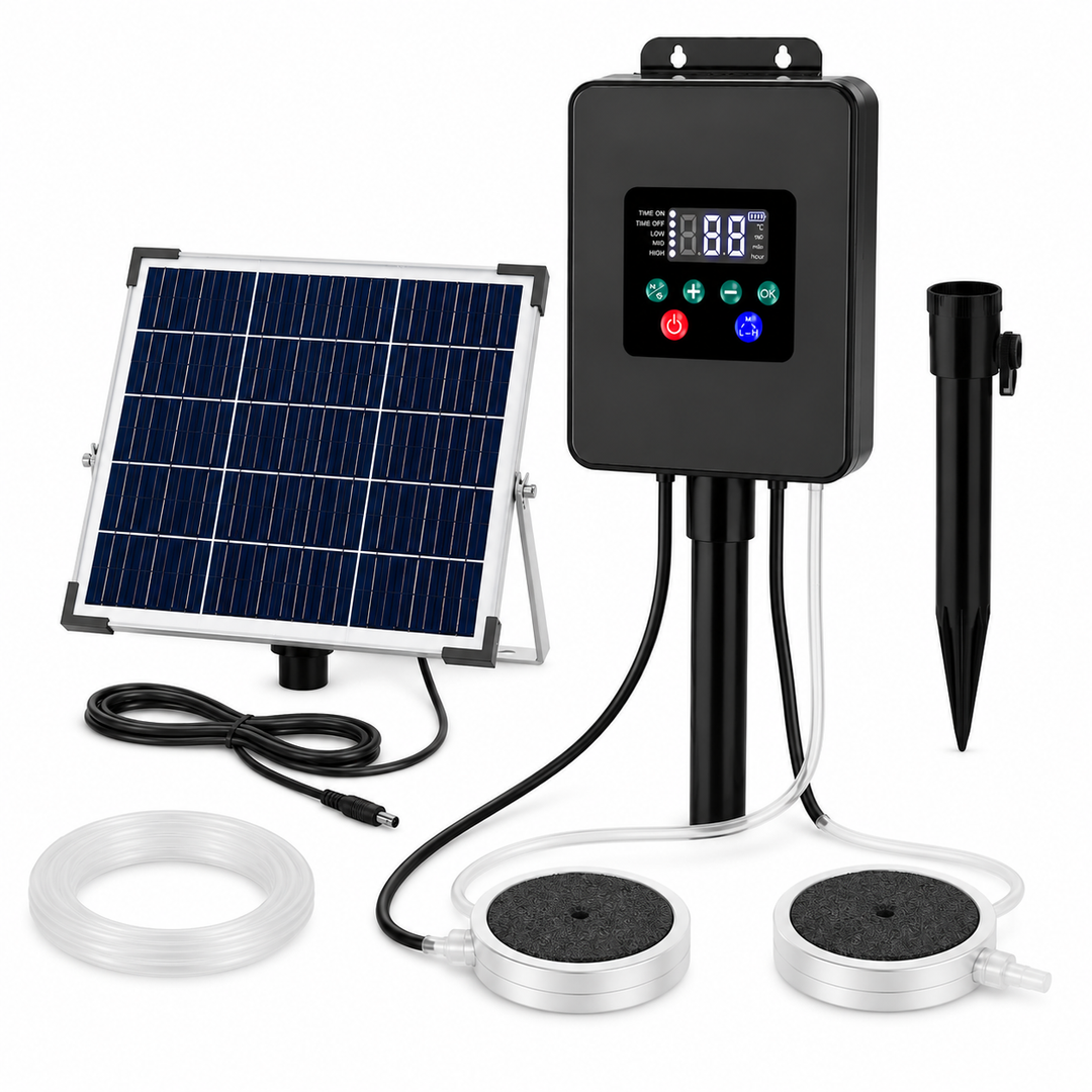 Solární provzdušňovač jezírka AP020 s LCD displejem – 30W panel, 8800mAh baterie, 2 režimy