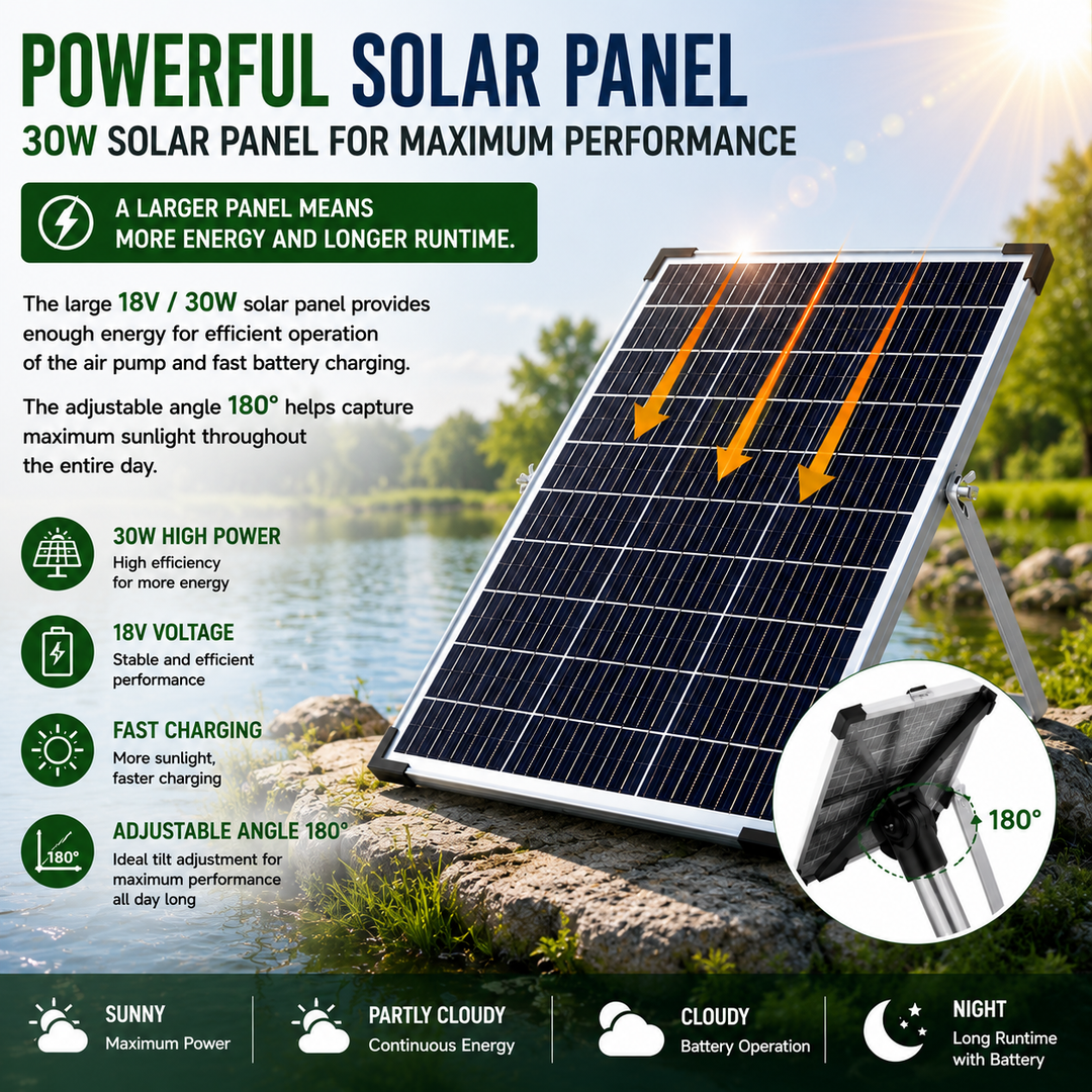 Solární provzdušňovač jezírka AP020 s LCD displejem – 30W panel, 8800mAh baterie, 2 režimy
