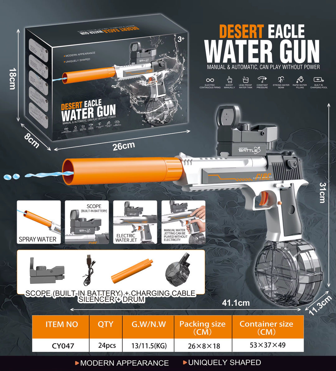 Elektrická vodní pistole DESERT EAGLE – světelné efekty, dostřel 8–10 m, 425 ml zásobník