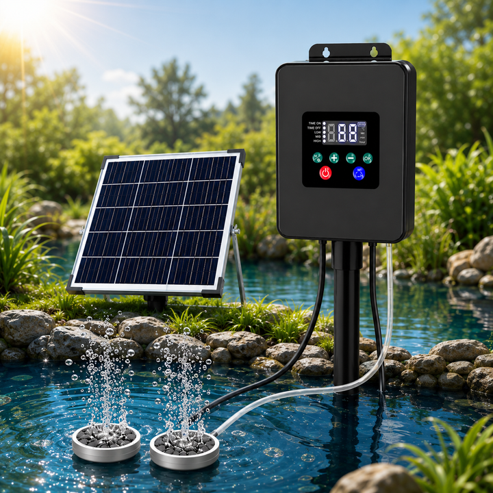 Solární provzdušňovač jezírka AP020 s LCD displejem – 30W panel, 8800mAh baterie, 2 režimy