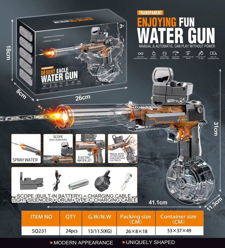 Elektrická vodní pistole DESERT EAGLE – transparentní provedení, světelné efekty, dostřel 8–10 m, 425 ml zásobník