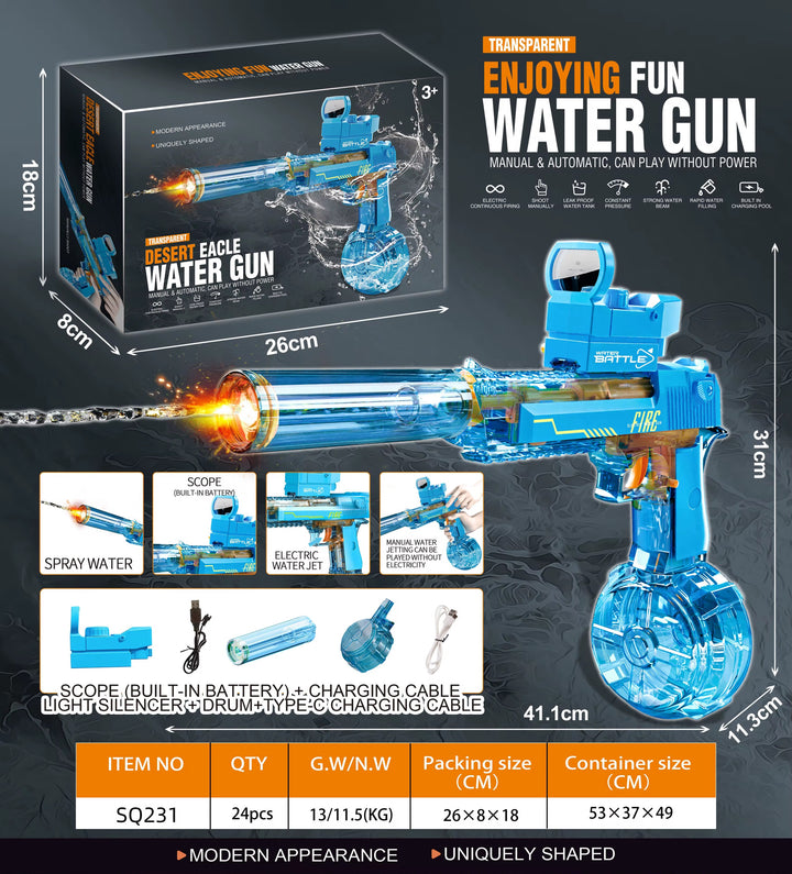 Elektrická vodní pistole DESERT EAGLE – transparentní provedení, světelné efekty, dostřel 8–10 m, 425 ml zásobník