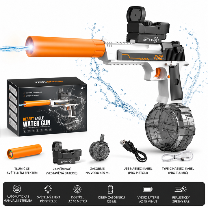 Elektrická vodní pistole DESERT EAGLE – světelné efekty, dostřel 8–10 m, 425 ml zásobník