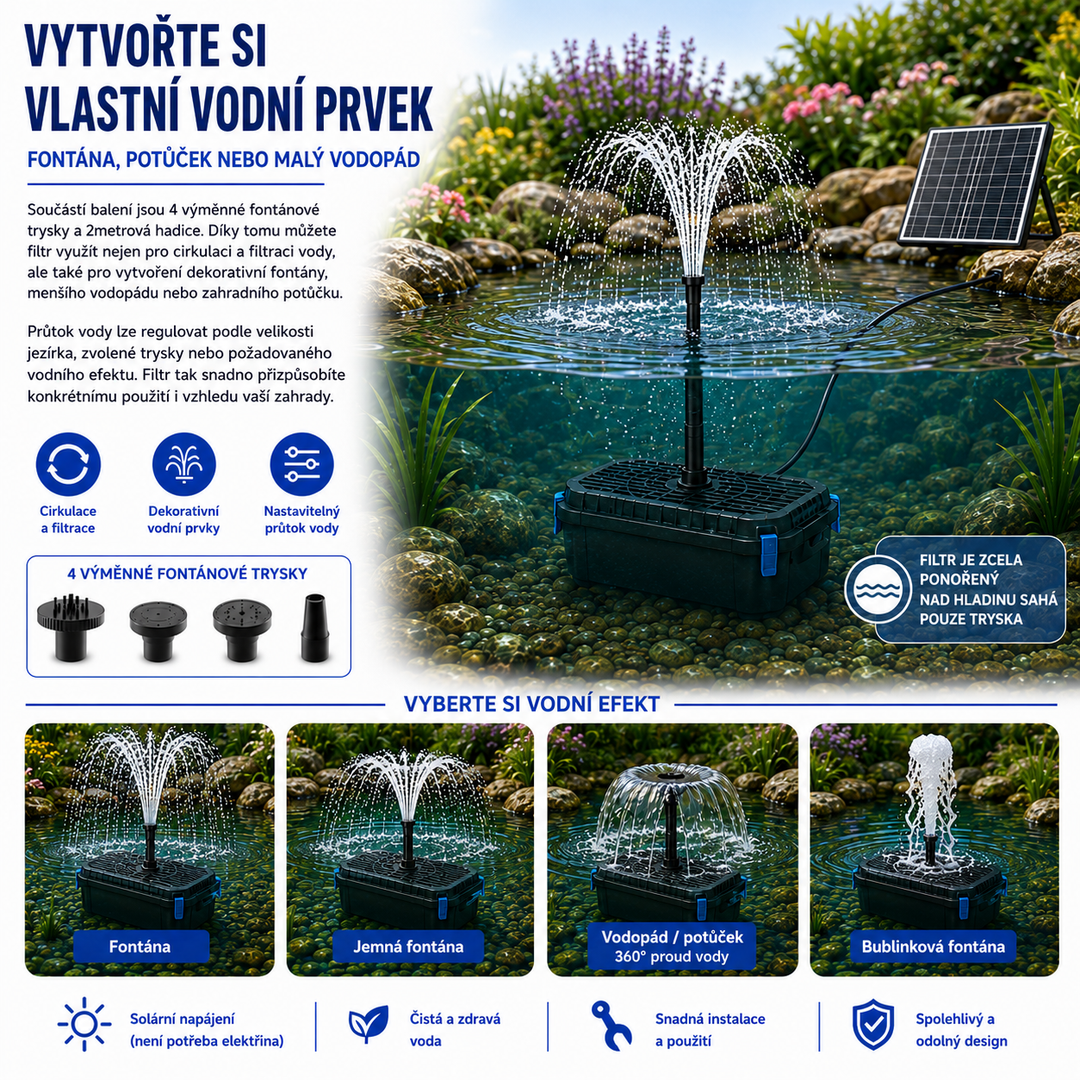 Solární jezírkový filtr s čerpadlem FA201 - 20 W panel, průtok 875 l/h, 4 trysky, biologická filtrace