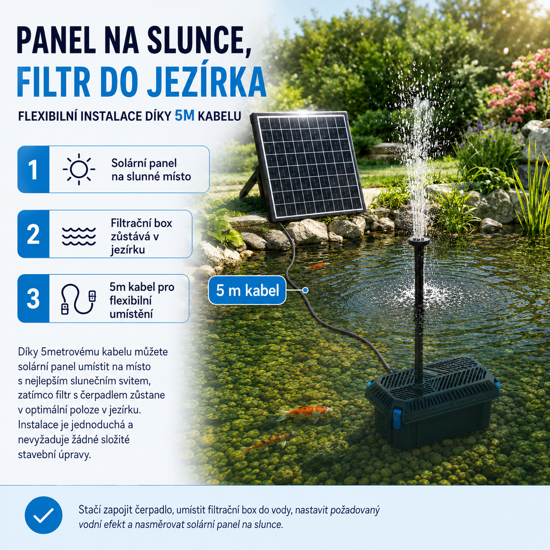 Solární jezírkový filtr s čerpadlem FA201 - 20 W panel, průtok 875 l/h, 4 trysky, biologická filtrace