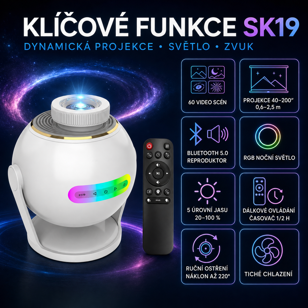 Nanxin Dynamický 3D projektor galaxie SK19 – 60 video scén, Bluetooth reproduktor a dálkové ovládání