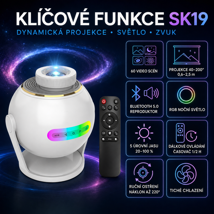 Nanxin Dynamický 3D projektor galaxie SK19 – 60 video scén, Bluetooth reproduktor a dálkové ovládání