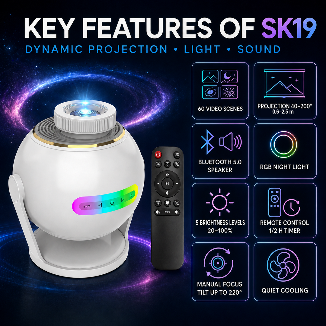 Nanxin Dynamický 3D projektor galaxie SK19 – 60 video scén, Bluetooth reproduktor a dálkové ovládání
