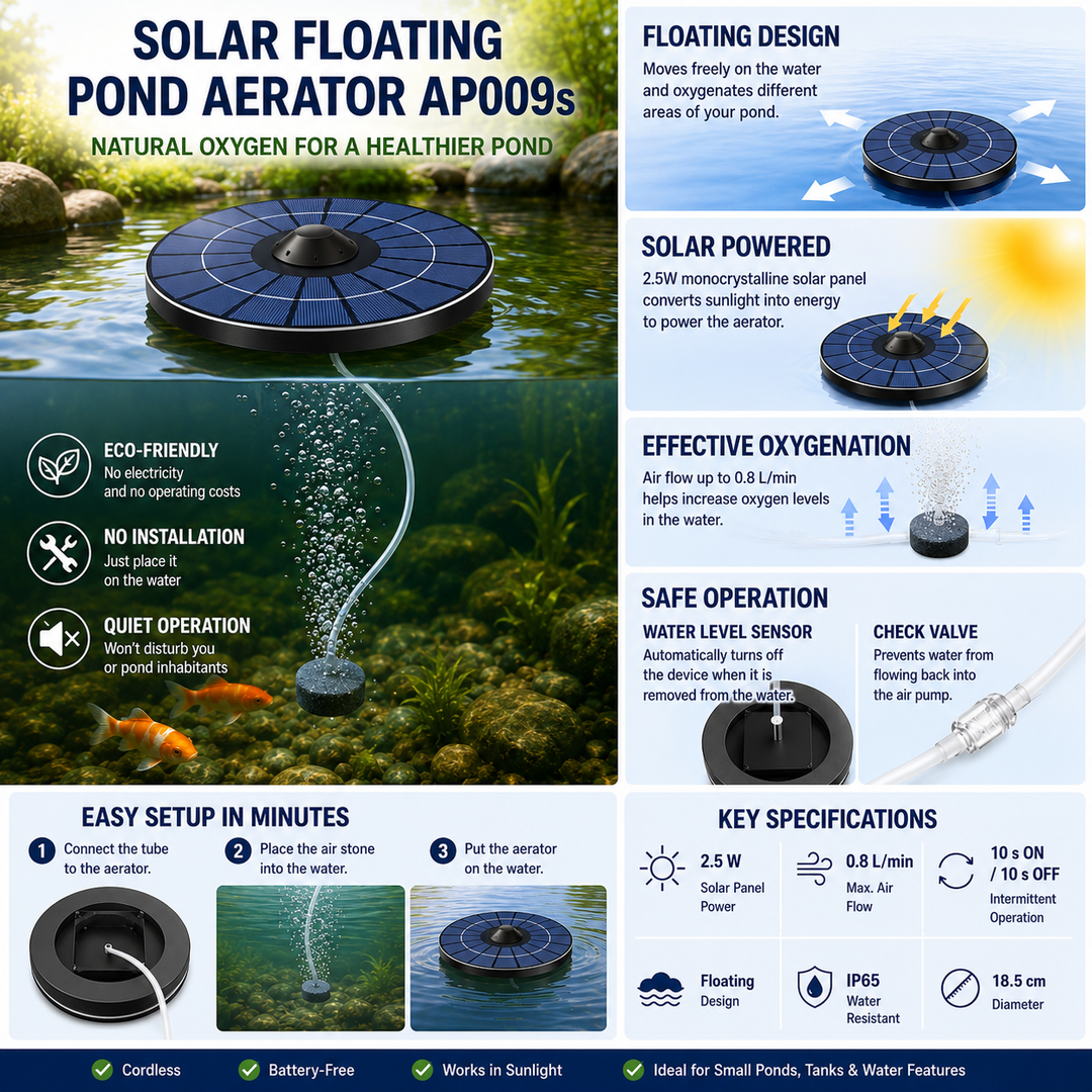 Solární plovoucí provzdušňovač jezírka AP009s – 2,5W panel, automatický provoz