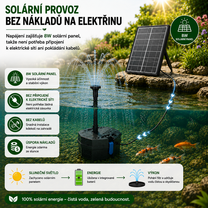 Solární jezírkový filtr s čerpadlem FA101 - 3600 mAh baterie, 10 trysek, 8 W panel