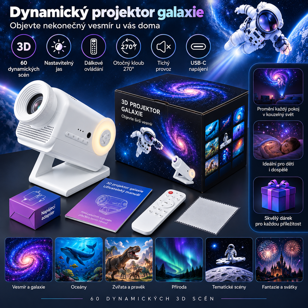 Dynamický 3D projektor BL-3D02 – 60 video scén, Bluetooth reproduktor, diaľkové ovládanie, nočné svetlo