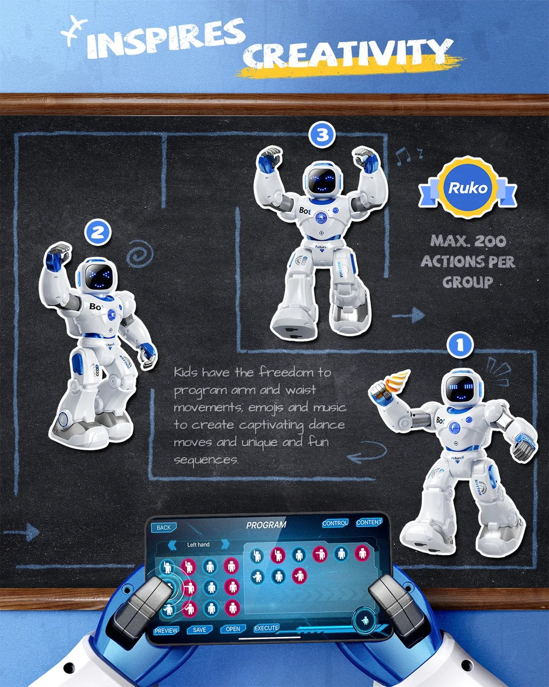 Ruko 1088 Carle – velký programovatelný robot pro děti s aplikací a hlasovým ovládáním