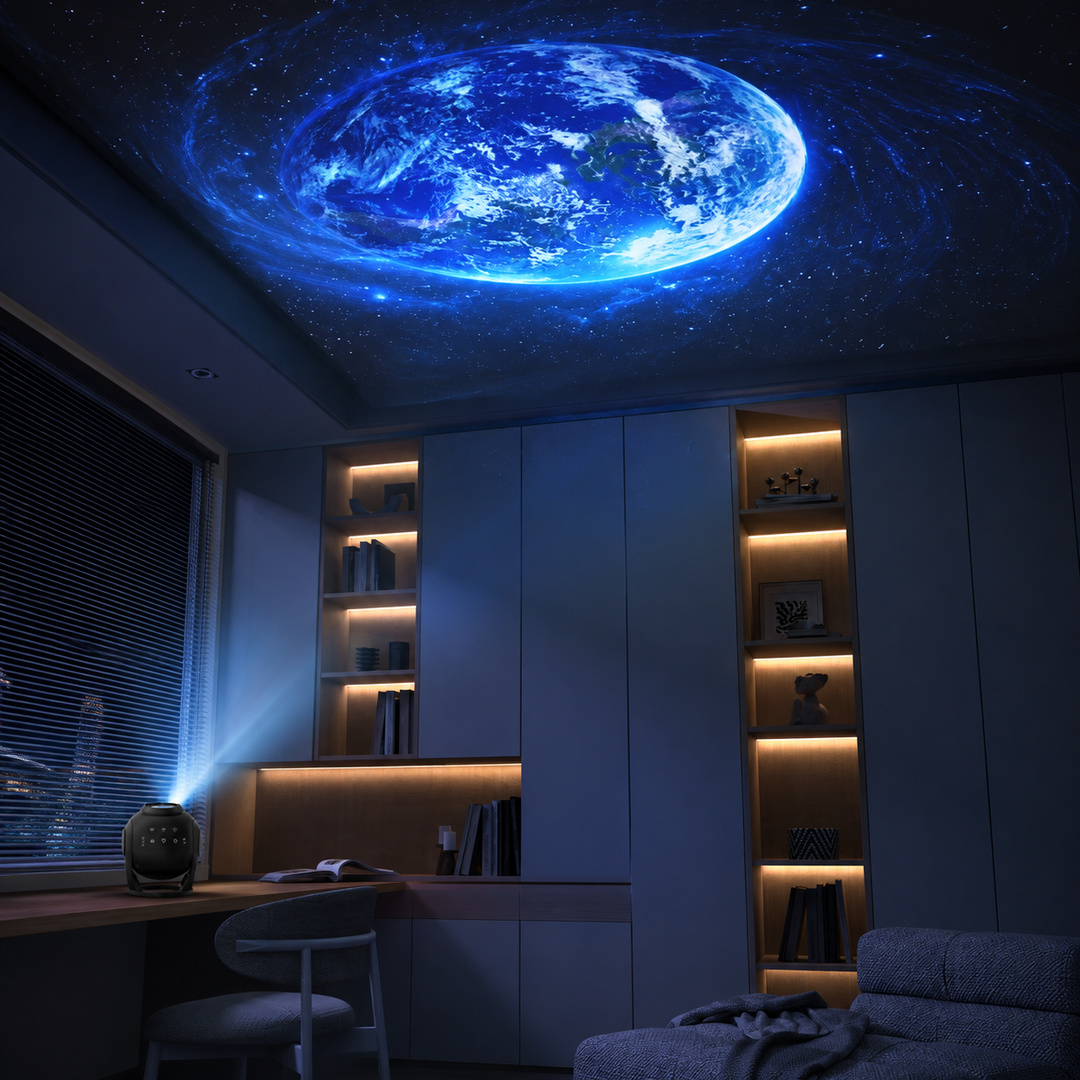 Ilustrační zobrazení dynamické projekce Země na strop z černého projektoru Bolong BL‑VP03