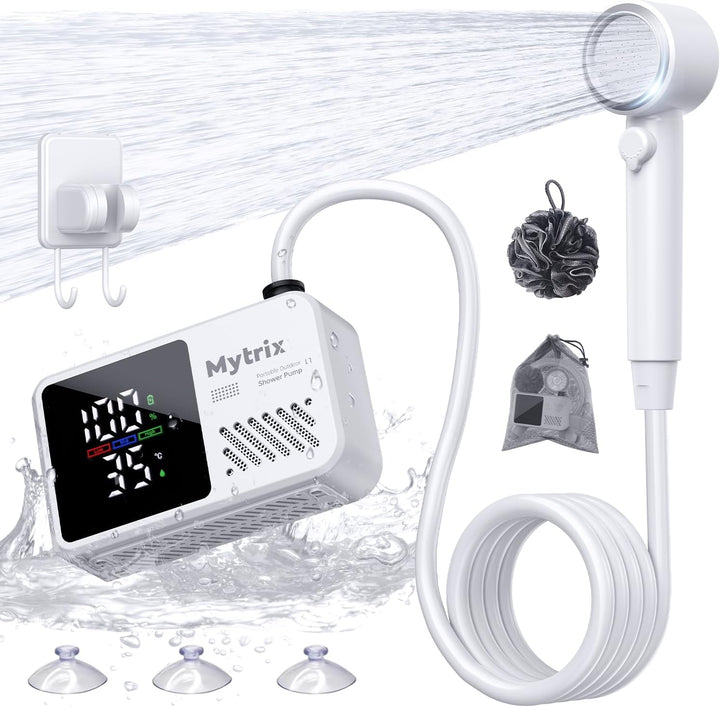 Mytrix Přenosná kempingová sprcha – vysoký tlak vody 10 l/min, 7800 mAh a 4 režimy proudu, bílá
