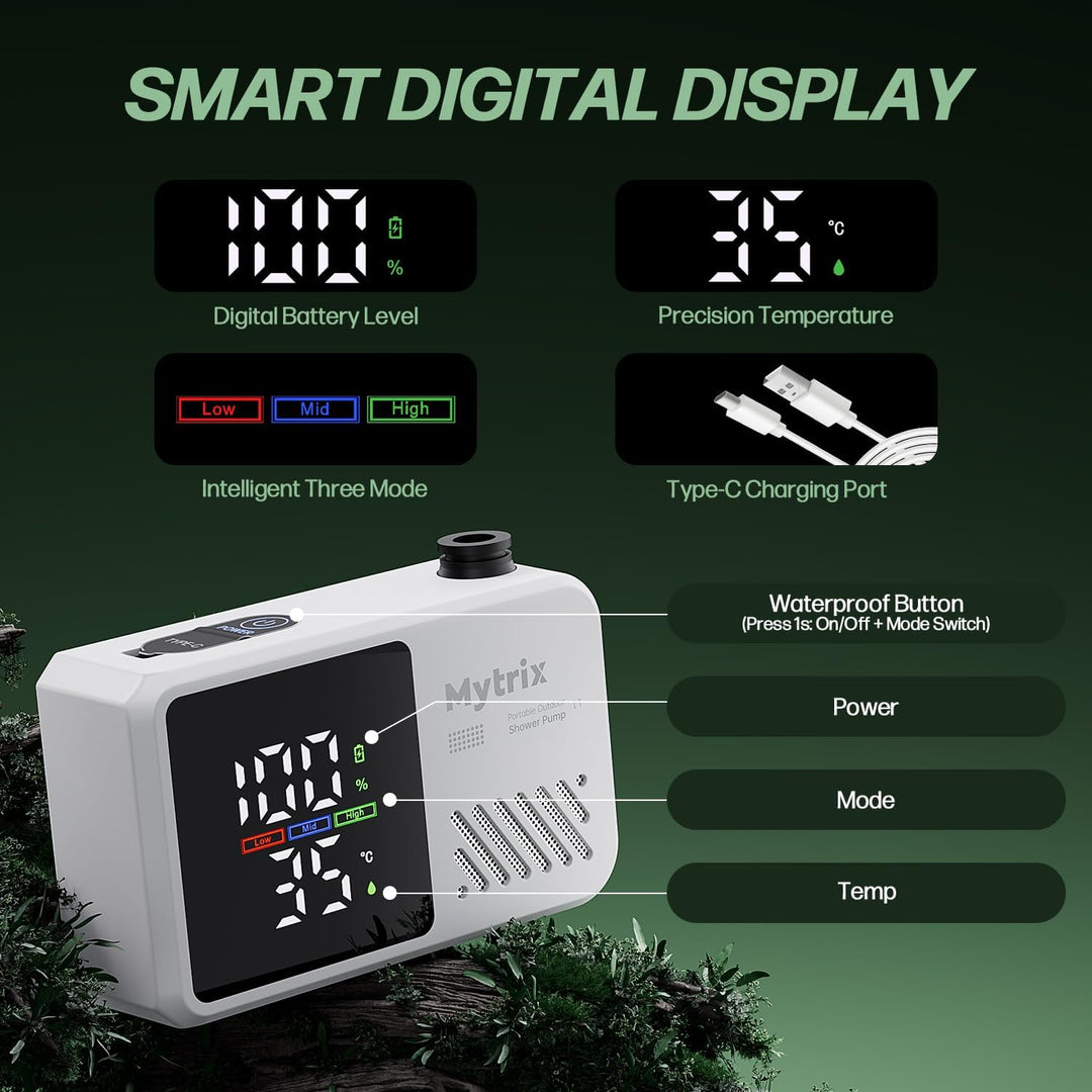 Mytrix Přenosná kempingová sprcha – vysoký tlak vody 10 l/min, 7800 mAh a 4 režimy proudu, bílá