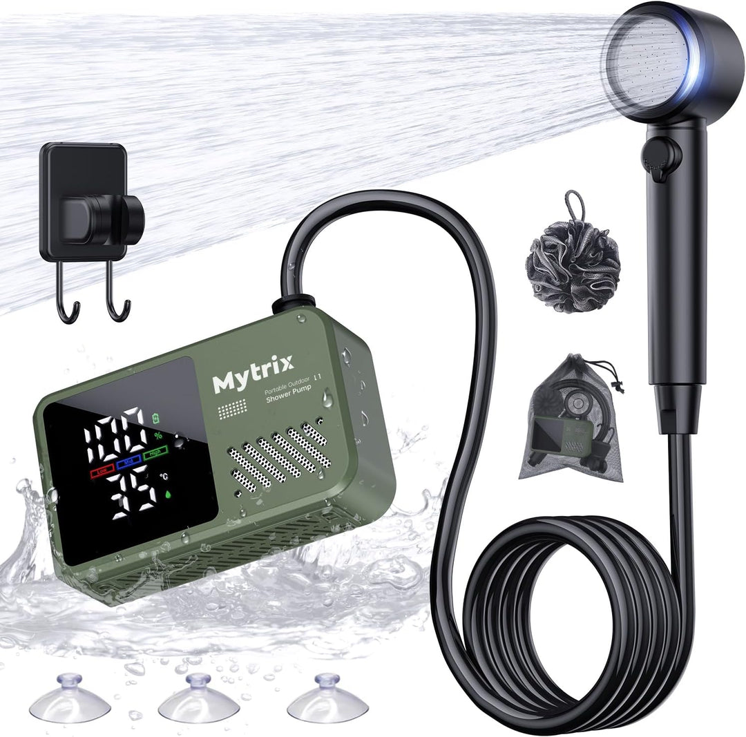 Mytrix Přenosná kempingová sprcha – vysoký tlak vody 10 l/min, 7800 mAh a 4 režimy proudu, zelená
