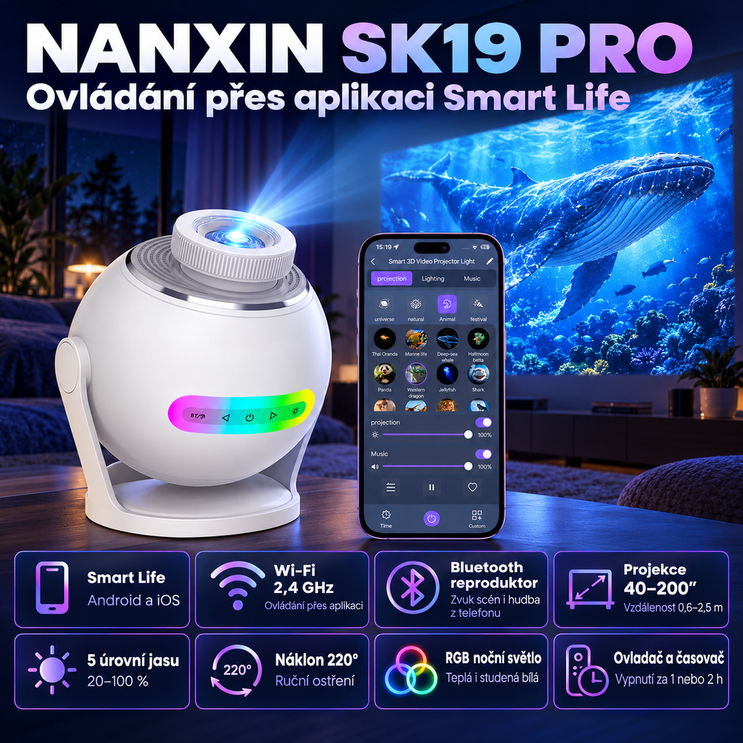 Nanxin SK19 PRO – dynamický projektor galaxie s aplikací Smart Life