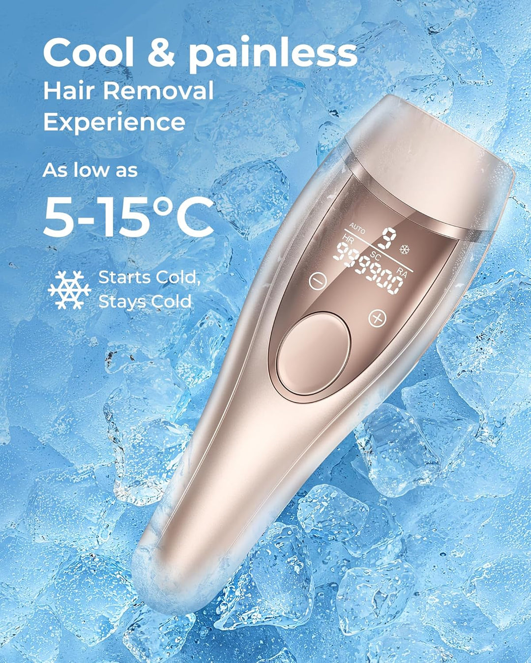Oupseen IPL epilátor s ledovým chlazením – 21 J, 9 úrovní energie, 999 900 záblesků, zlatá 