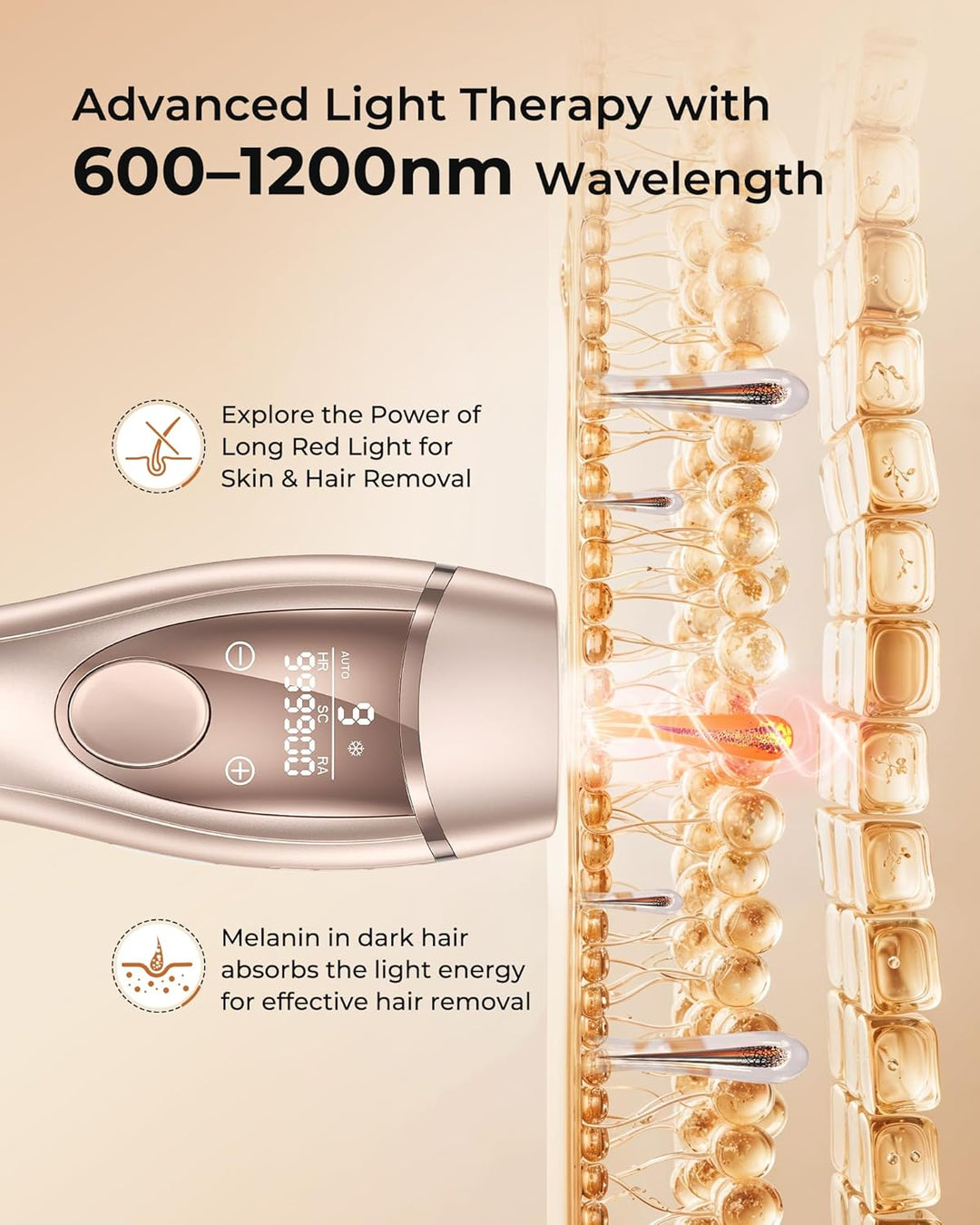 Oupseen IPL epilátor s ledovým chlazením – 21 J, 9 úrovní energie, 999 900 záblesků, zlatá