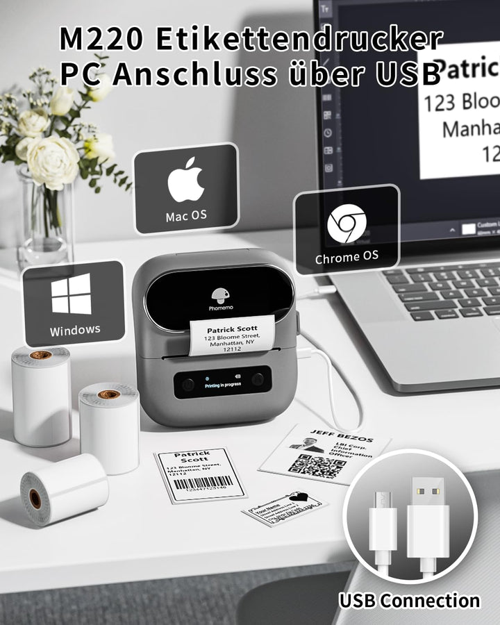 Phomemo M220 Inteligentní Bluetooth tiskárna štítků, šedá