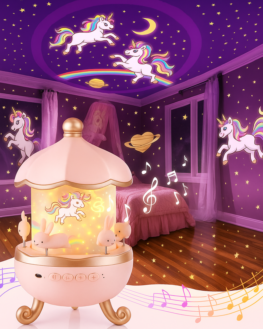 Projektor noční oblohy s rotujícím kolotočem a projekcí jednorožce, mořské panny a dalších dětských pohádek