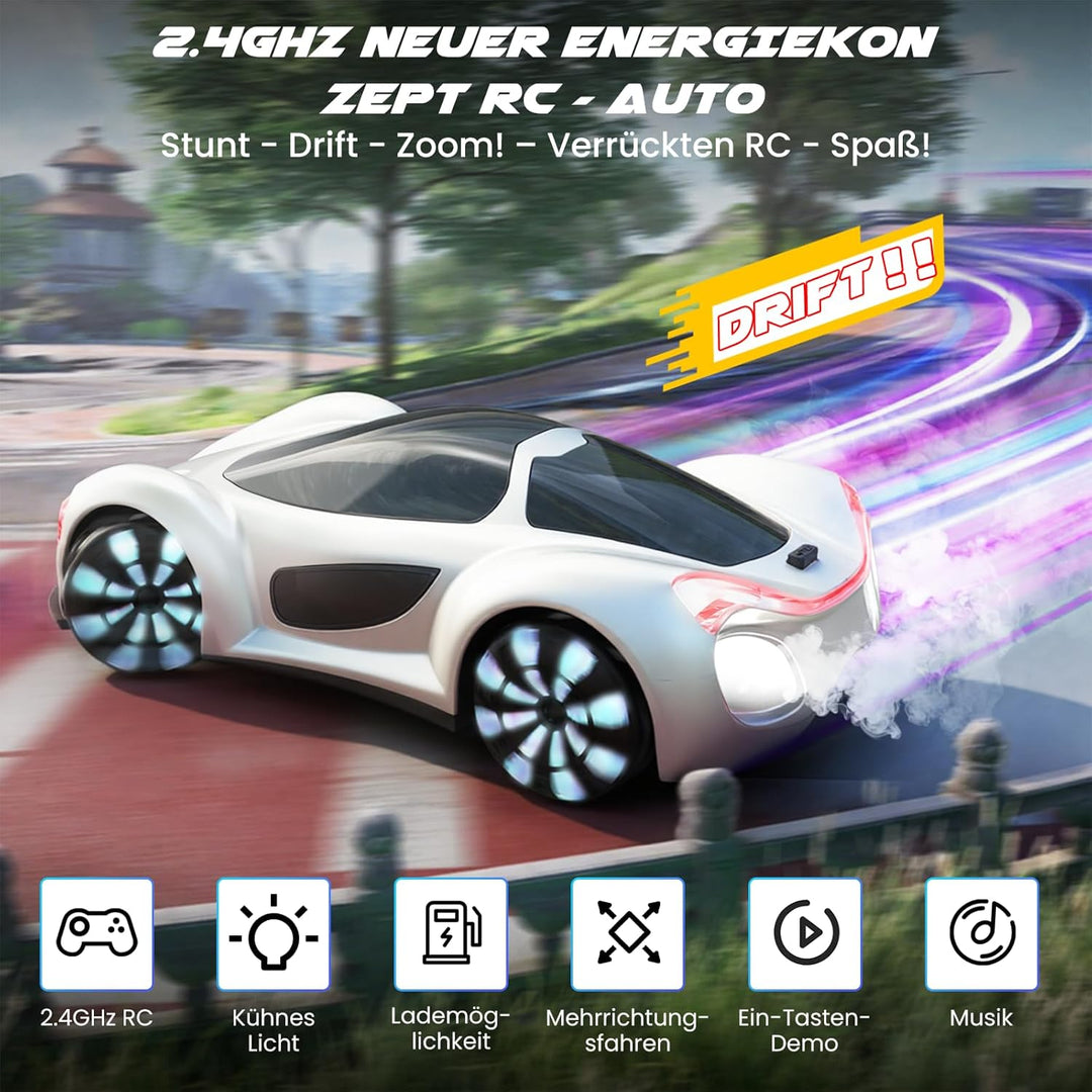 SIMREX RC auto na dálkové ovládání – 360° driftovací kaskadér s LED koly, bílá