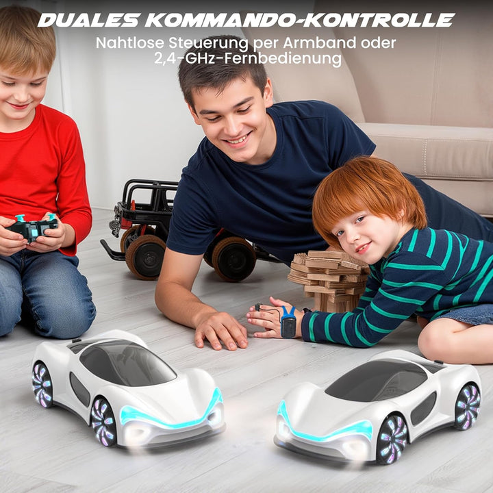 SIMREX RC auto na dálkové ovládání – 360° driftovací kaskadér s LED koly, bílá