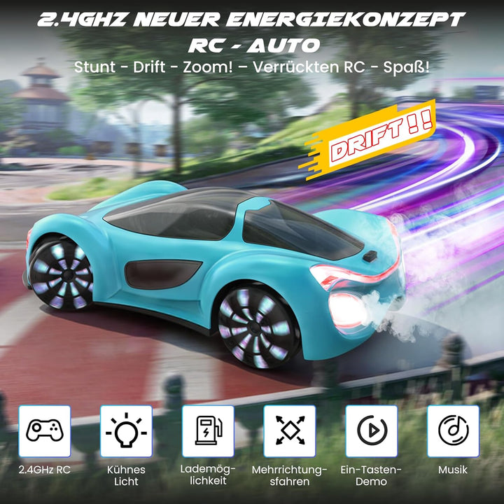 SIMREX RC auto na dálkové ovládání – 360° driftovací kaskadér s LED koly, modrá