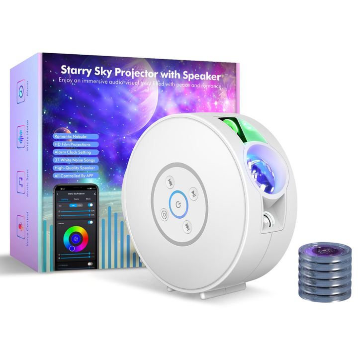Projektor galaxie a nočnej oblohy – 6 kaziet so snímkami, Bluetooth reproduktor, ovládanie pomocou aplikácie