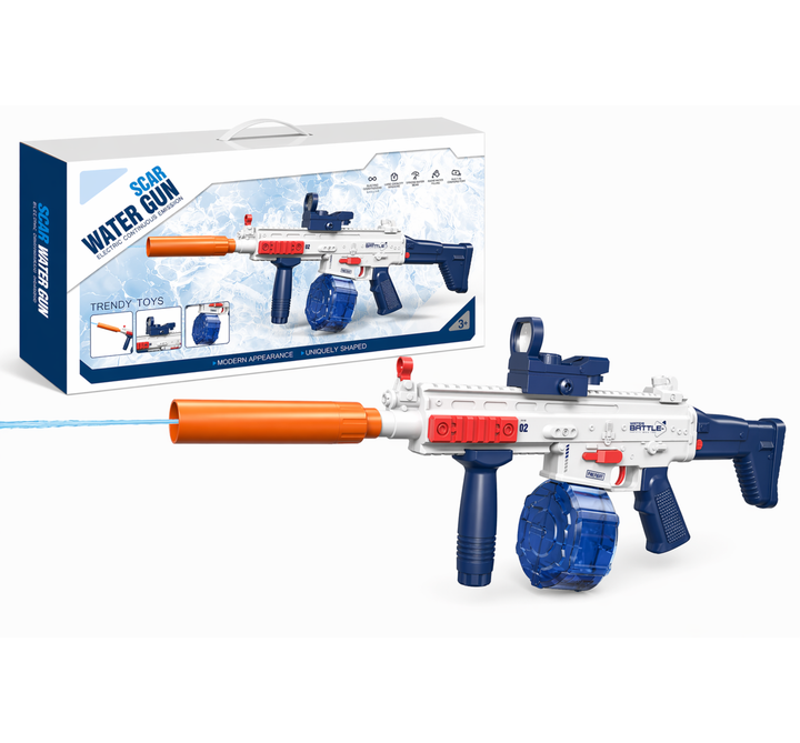 Elektrická vodní pistole SCAR - dostřel 8-10m, 2 zásobníky, automatické střílení