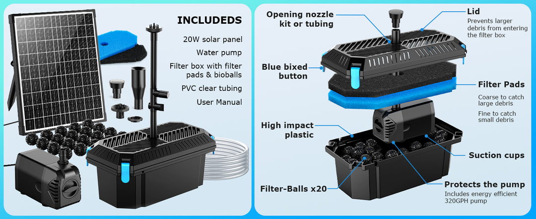 Solární jezírkový filtr s čerpadlem FA201 - 20 W panel, průtok 1200 l/h, biologická filtrace